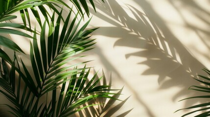 Brightly lit palm leaves with soft shadows on neutral background