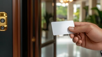 A businessman inserts a plastic card into a turnstile at the office entrance, ready to access the building during busy work hours