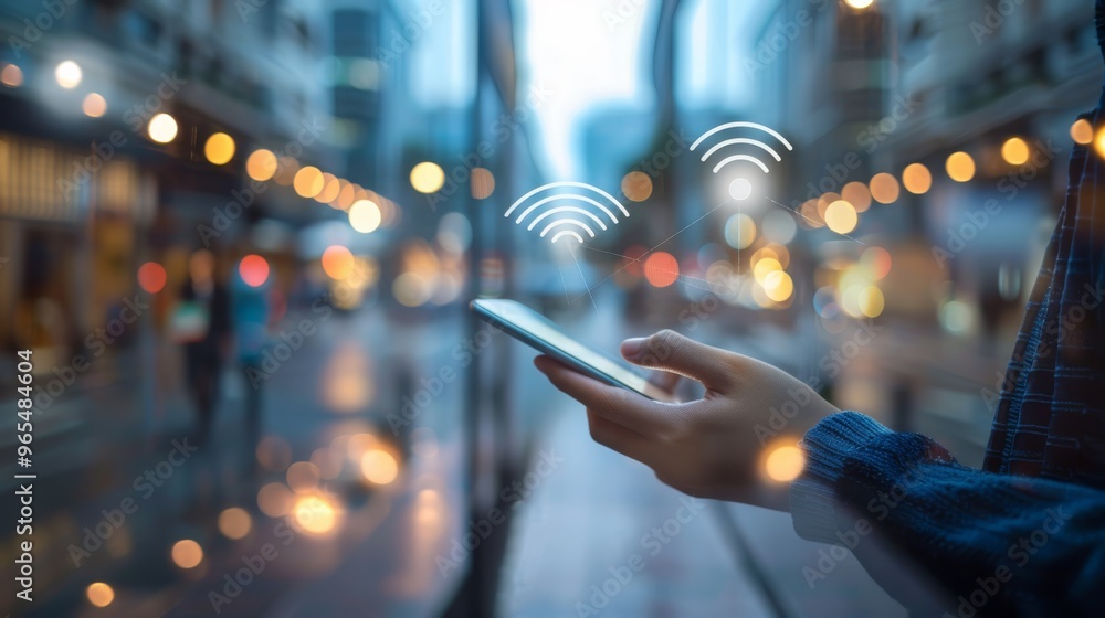 Poster business district with workers accessing wireless networks on their devices
