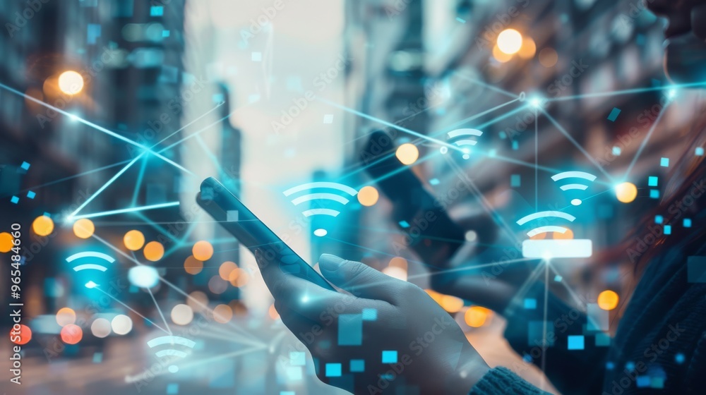 Poster business district with workers accessing wireless networks on their devices