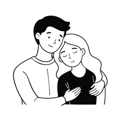  Young couple hugging black doodle line art flat vector illustration on white background.