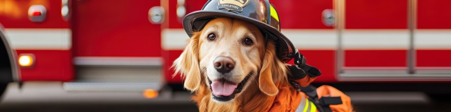 A firefighter dog sits in front of a fire truck in a yellow helmet and red uniform