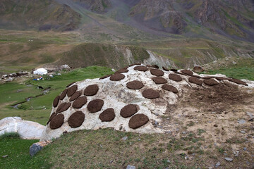 Yacht dung to burn in the stove at Shepherds' tent camp along the Bartang Valley in the...