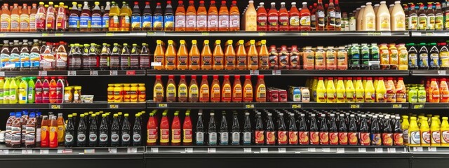 Supermarket shelves displaying an assortment of sauces and condiments
