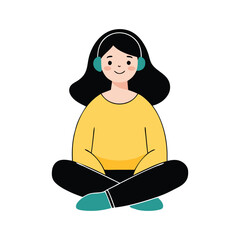 Young happy girl sitting on floor and listening music Flat vector illustration on white background