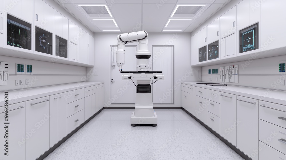 Poster futuristic robotics laboratory with high-tech equipment and sterile environment in using ray tracing