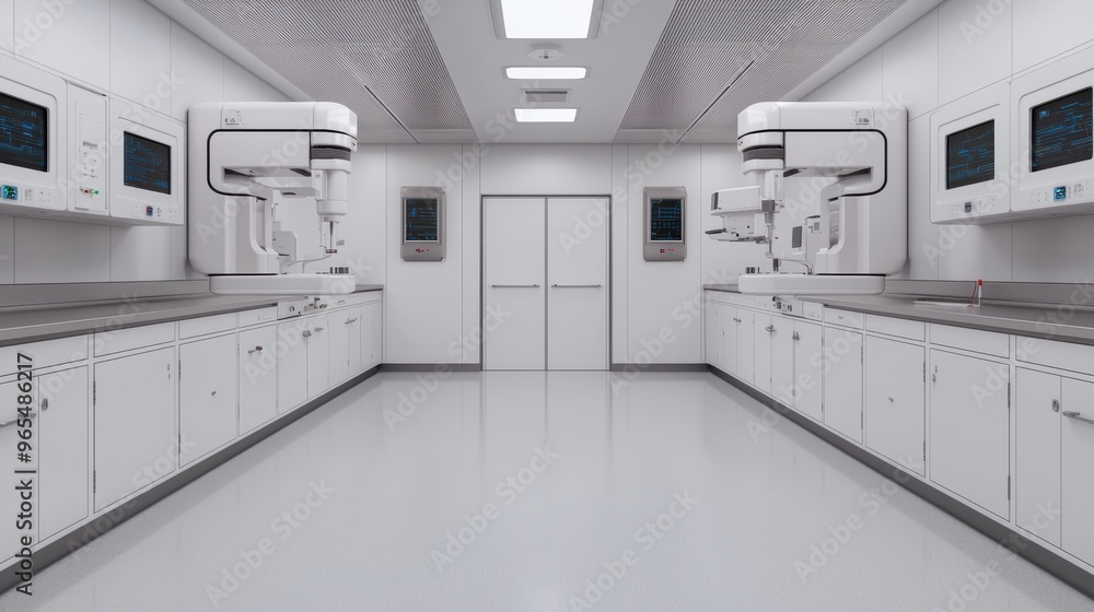 Poster futuristic robotics laboratory with high-tech equipment in using ray tracing technology in a sterile