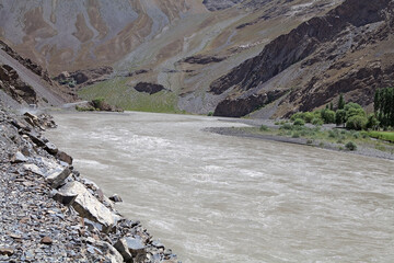Landscape along the Bartang River in the Gorno-Badakhshan region in Tajikistan