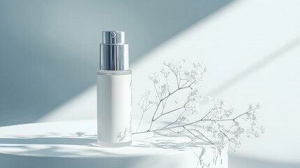 luxurious cream bottle with silver accents, placed on a smooth white surface with subtle shadows to emphasize the clean