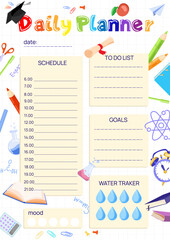 Naklejka premium School daily planner template with schedule, to do list, water tracker, goal, mood.Vertical A4 format daily personal planner page.Vector illustration