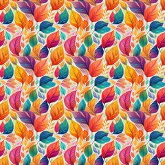 A seamless pattern of colorful leaves on a light background.