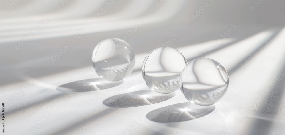 Aufkleber three clear glass spheres casting soft shadows on a light background, creating a minimalist and eleg