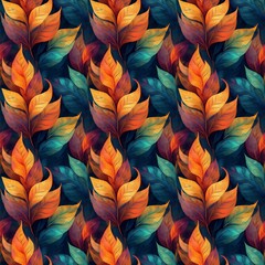 Fototapeta premium Orange and teal leaves, painted with a brushstroke effect, create a repeatable pattern against a dark background.