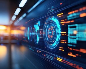 Fototapeta premium Futuristic digital interface displaying data visualization and global connections in vibrant colors for advanced technology applications.