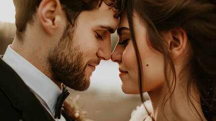 Naklejka premium Cute couple with cheeks touching, looking into each other's eyes with soft lighting