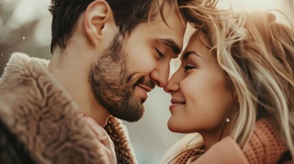 Obraz premium Cute couple with cheeks touching, looking into each other's eyes with soft lighting