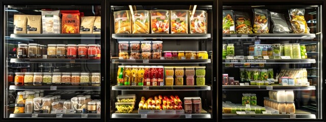 Fototapeta premium Refrigerated section with healthy food and snacks in grocery store