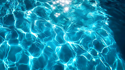 Top view on clear blue pool water surface with ripples and light reflections
