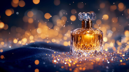 luxury perfume bottle, made of crystal, placed on a velvet surface with sparkles and soft light enhancing its glamorous appeal