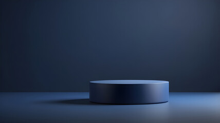 Dark blue cylinder pedestal podium with dark blue background. Minimalist scene for product presentation.