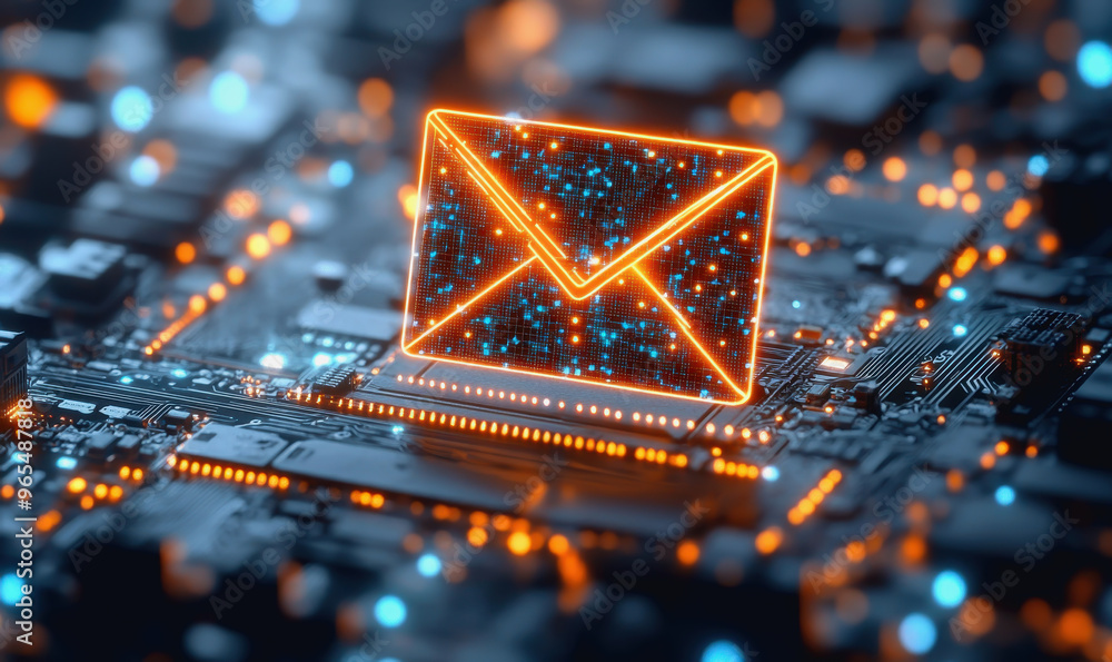 Poster digital envelope on circuit board representing modern tech communication and futuristic email