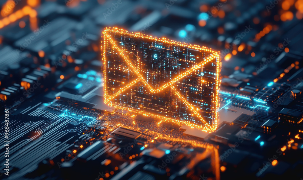 Poster digital envelope on circuit board representing modern tech communication and futuristic email