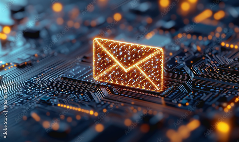 Poster digital envelope on circuit board representing modern tech communication and futuristic email