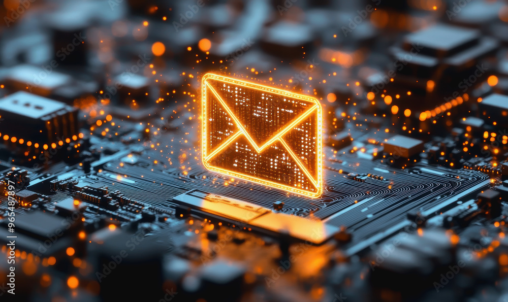 Poster digital envelope on circuit board representing modern tech communication and futuristic email
