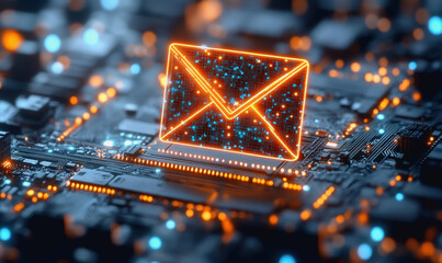 Digital envelope on circuit board representing modern tech communication and futuristic email