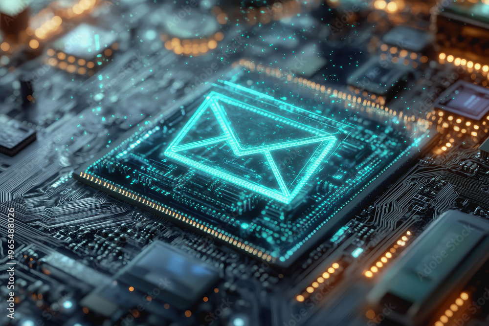 Poster digital envelope on circuit board representing modern tech communication and futuristic email