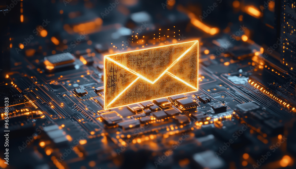 Poster digital envelope on circuit board representing modern tech communication and futuristic email