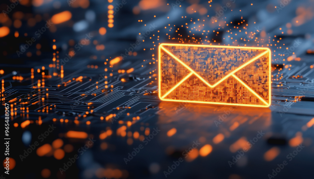 Poster digital envelope on circuit board representing modern tech communication and futuristic email