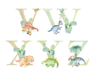 Vector watercolor dinosaurs letters for invitation card, nursery poster and other. © Tapilipa