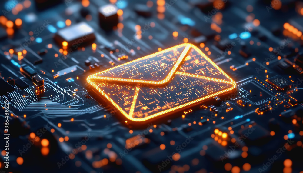 Poster digital envelope on circuit board representing modern tech communication and futuristic email