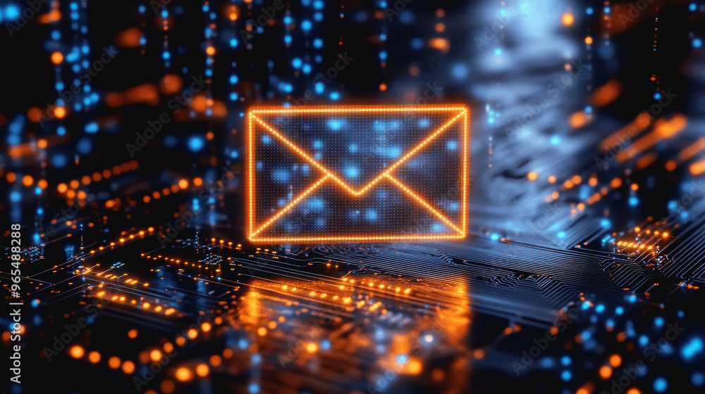 Poster digital envelope on circuit board representing modern tech communication and futuristic email