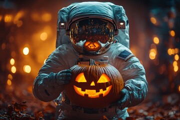 Naklejka premium A whimsical astronaut in a spacesuit holds a carved pumpkin, perfect for Halloween-themed promotions, parties, or festive designs. Ample copy space.