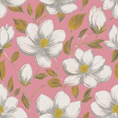 Beautiful white flowers on pink background. floral seamless pattern.