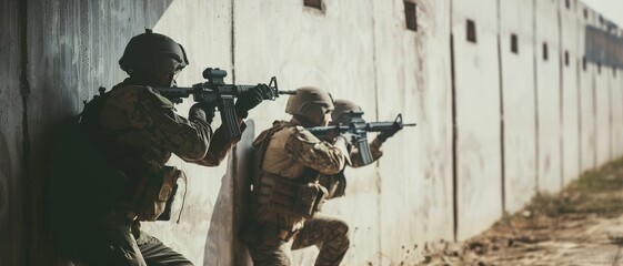 Fototapeta premium Soldiers in full gear, armed and vigilant, take cover against a concrete wall, highlighting the tension and readiness in a battle-ready situation.