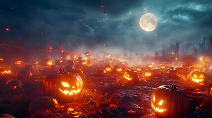 Naklejka premium magical pumpkin patch under the full moon, where jack-o'-lanterns glow and flicker, and a mysterious mist weaves between the pumpkins