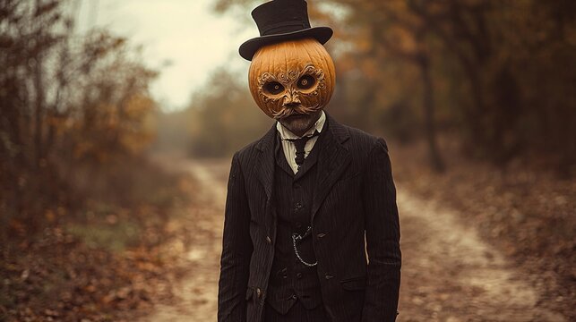 A vintage-styled Halloween image featuring a figure with a pumpkin head on a dirt path, perfect for Halloween-themed events, decorations, or nostalgic promotions with copy space.