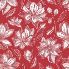 Fototapeta premium Beautiful white flowers on red background. floral seamless pattern.