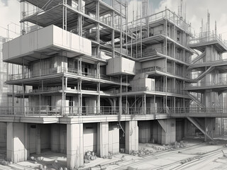 Digital construction site sketch. Building 3D Printing, Building Information Modeling, Industrial background, Build project, Architect plan, City work, Urban development, Modular Construction concept.