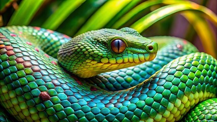 Fototapeta premium A coiled snake with iridescent scales and raised ridges patterned after the skin of a poisonous viper, amidst a bed of bright green foliage.