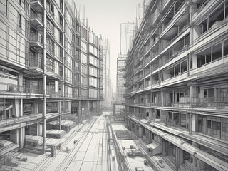 Digital construction site sketch. Building 3D Printing, Building Information Modeling, Industrial background, Build project, Architect plan, City work, Urban development, Modular Construction concept.
