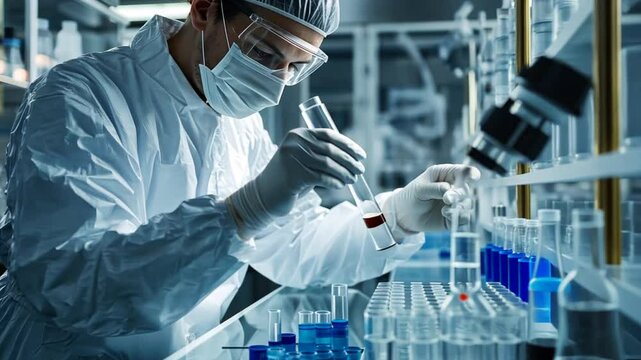 A pharmaceutical quality control technician using high-tech lab equipment to conduct a vial inspection in a sterile laboratory, highlighting the meticulous process of quality assurance in biopharmaceu