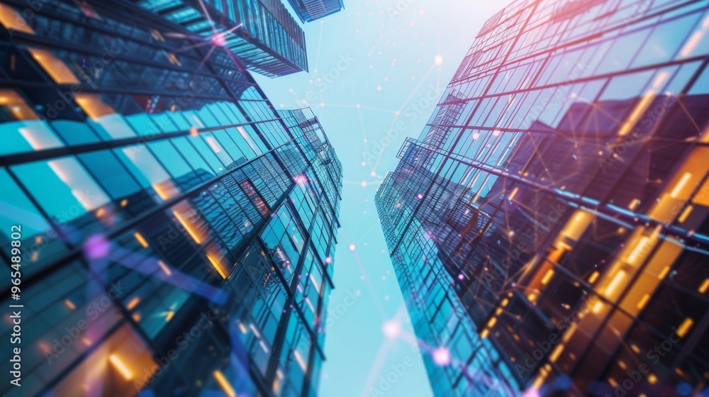 Poster High-rise buildings with a visible web of wireless network connections
