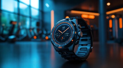 Modern smartwatch lying on table in gym with fitness app displaying