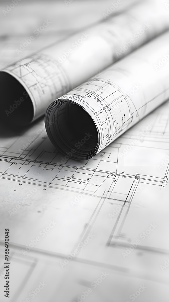 Wall mural Rolled Up Architectural Blueprints on a Table