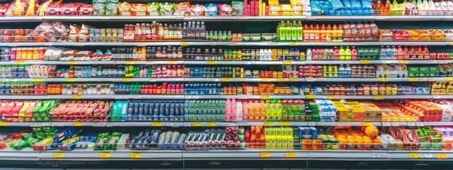 Organized display of assorted packaged food products in a supermarket