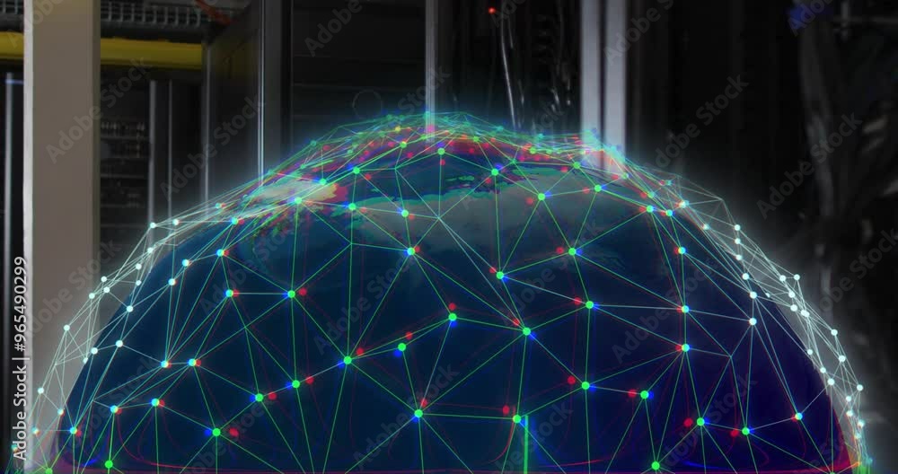 Poster animation of digital data processing with globe over computer servers